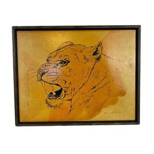 Lioness Tiger Cat Painting on Wood Wall Art Wildlife Artist Signed S. Kuhnly